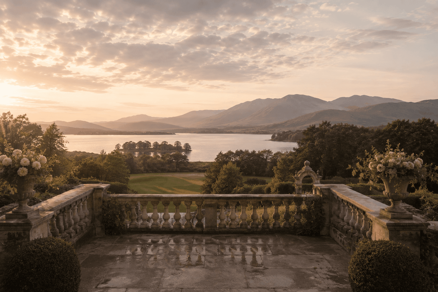 A warm venue terrace at sunset